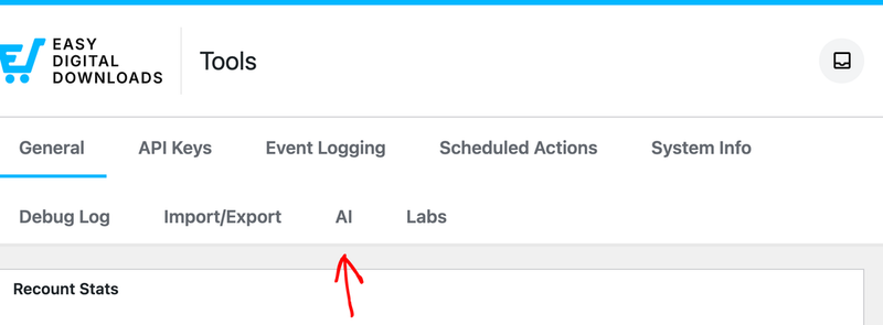 Easy Digital Downloads AI tab in Tools settings menu.