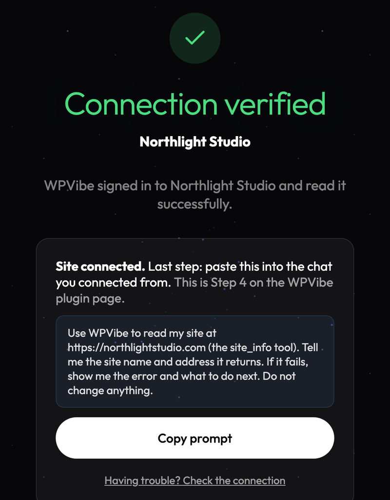 Connection verified success message for WPVibe and Easy Digital Downloads AI.
