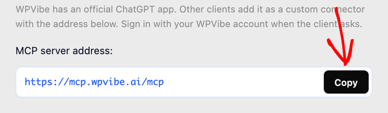 The WPVibe MCP server address.