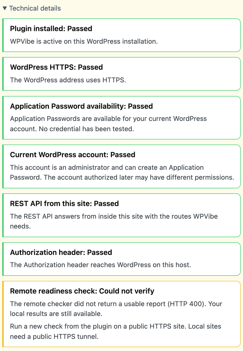 edd-wpvibe-technical-details – Easy Digital Downloads Panel titled Technical details showing several checks; most say'Passed' (Plugin installed, WordPress HTTPS, admin account, REST API, etc.).