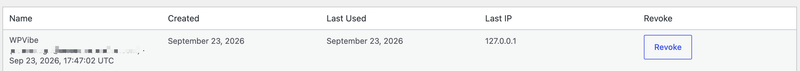 revoke-application-password – Easy Digital Downloads Token management table: token WPVibe, Created Sep 23, 2026; Last Used Sep 23, 2026; Last IP 127.0.0.1; Revoke button.