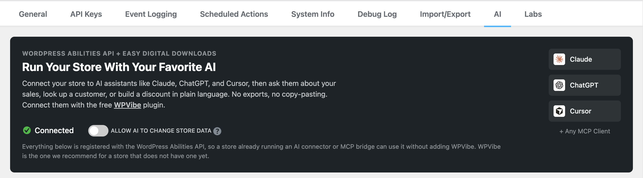 The WordPress Abilities API and Easy Digital Downloads AI tab.