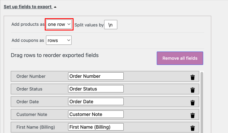 Advanced Order Export Products-optie ingesteld op één rij.