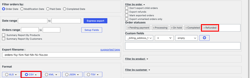 Advanced Order Export Order-statussenfilter met Refunded toegevoegd