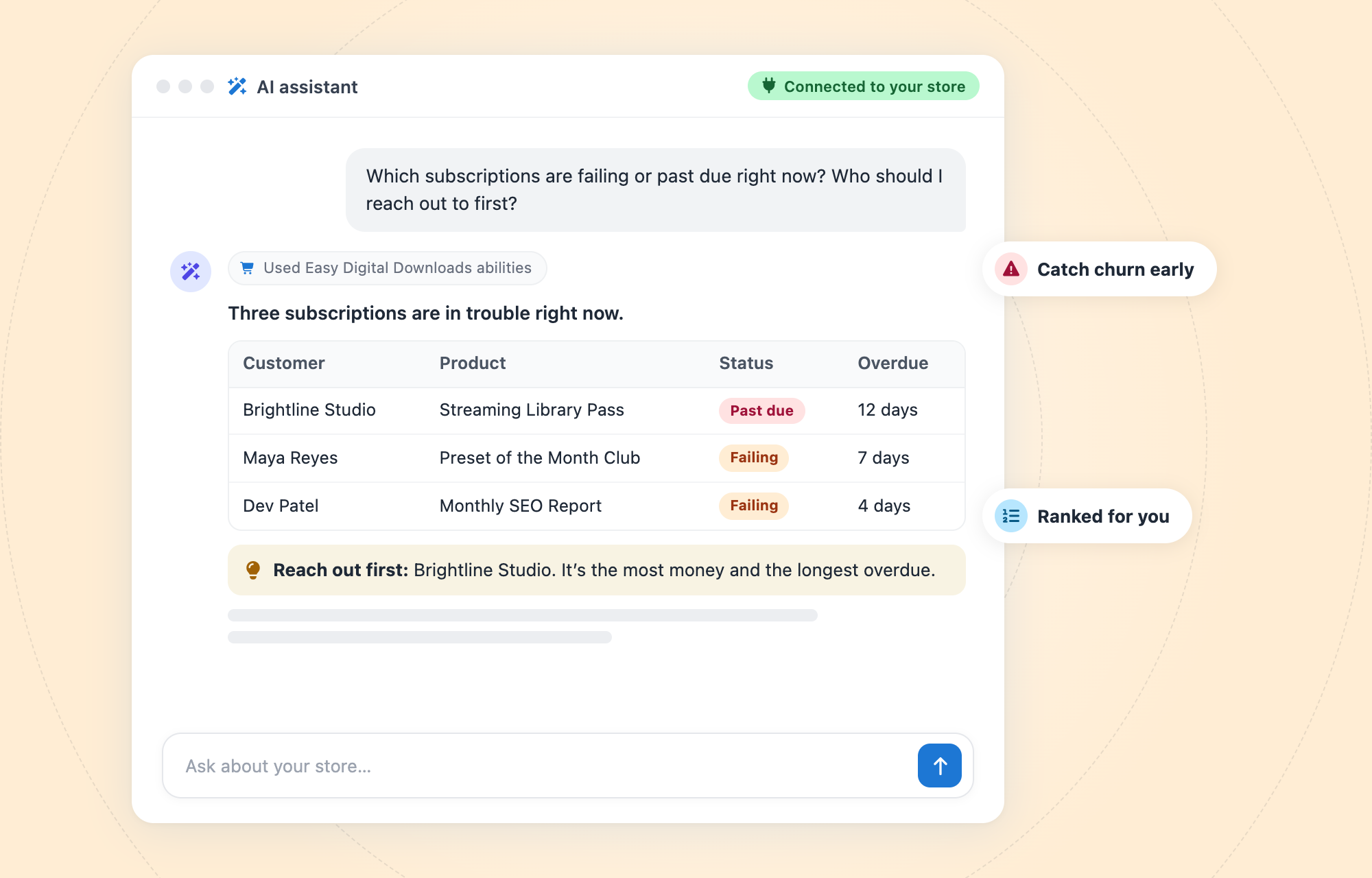 ai-chat-wordpress-edd-failing-subscriptions – Easy Digital Downloads Claudeは、失敗したサブスクリプションと期日を過ぎたサブスクリプションをリストし、最初に連絡すべき相手をランク付けします。