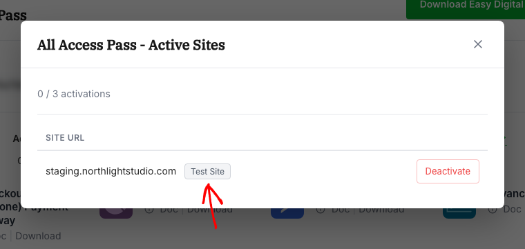 「オールアクセスパス - アクティブサイト」というタイトルのモーダルにアクティブサイトが表示されます：staging.northlightstudio.comがテストサイトバッジと無効化ボタンとともに表示されます。
