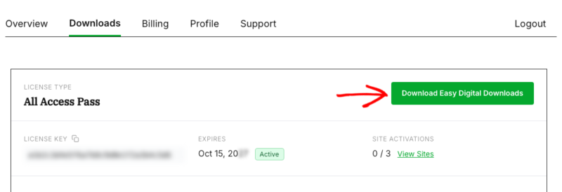 Easy Digital Downloadsアカウントの「ダウンロード」タブにライセンスカードが表示され、Easy Digital Downloadsのダウンロードボタンを指す矢印が表示されています。