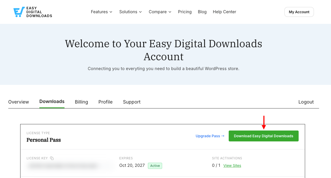 Painel da conta EDD mostrando a aba Downloads com um botão verde 'Baixar Easy Digital Downloads' e detalhes da licença (Passe Pessoal).