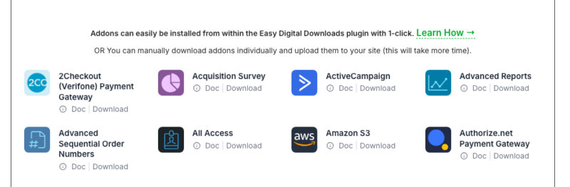 2Checkout、Acquisition Survey、ActiveCampaign、Advanced Reports、Advanced Sequential Order Numbers、All Access、Amazon S3、Authorize.netなどのアドオンのプラグインアイコンと名前のグリッド。