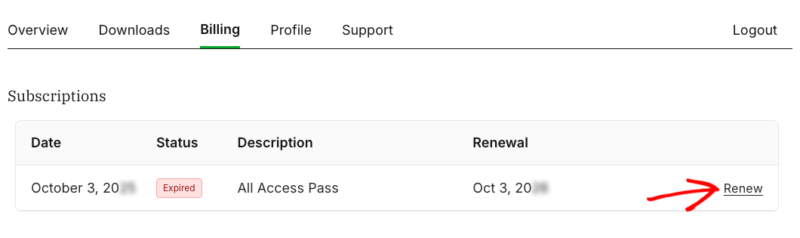 Abrechnungsseite mit einer Abonnementtabelle mit einer Zeile: All Access Pass, Status Abgelaufen, Verlängerungsdatum 3. Okt. und eine Schaltfläche Erneuern rechts.