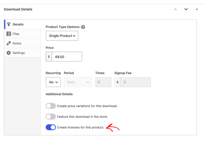 edd-download-create-licenses-toggle – Easy Digital Downloads A caixa Detalhes do Download com o alternador Criar licenças para este produto ativado