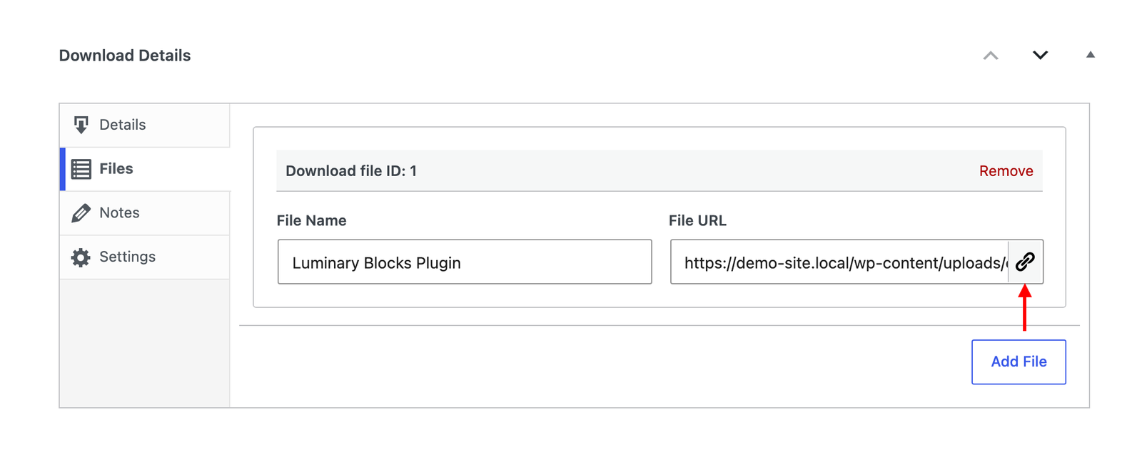 Painel Detalhes do Download mostrando um formulário de entrada de arquivo com o nome 'Luminary Blocks Plugin' e uma URL, além das ações Remover e Adicionar Arquivo.