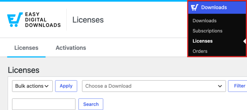 edd-downloads-licenses-menu – Easy Digital Downloads A barra lateral de administração do WordPress com Licenças destacadas no menu Downloads