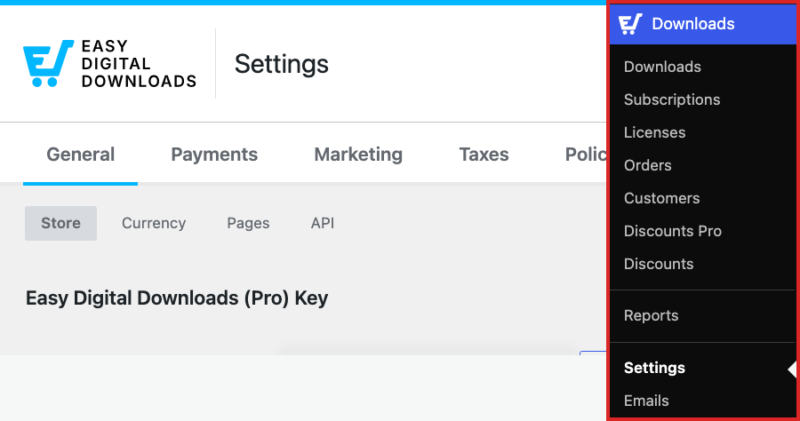edd-downloads-settings-menu – Easy Digital Downloads A barra lateral de administração do WordPress com Configurações destacadas no menu Downloads