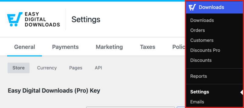 edd-downloads-settings-menu – Easy Digital Downloads Die Admin-Seitenleiste von WordPress mit hervorgehobenen Einstellungen im Menü Downloads, neben dem Bildschirm Einstellungen von Easy Digital Downloads