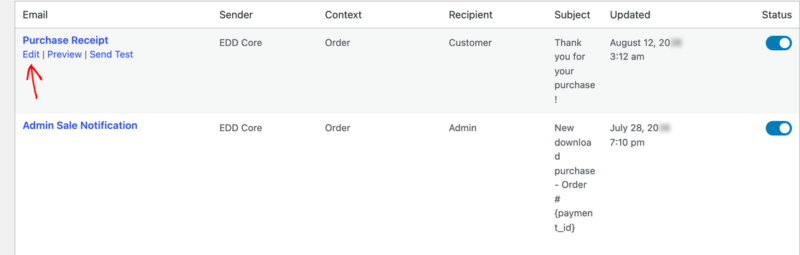 edd-emails-purchase-receipt-edit – Easy Digital Downloads A tela Emails com o link Editar em Recibo de Compra