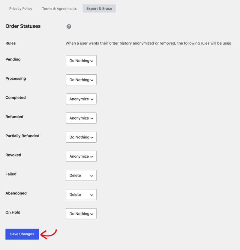 edd-export-erase-order-statuses – Easy Digital Downloads Der Abschnitt Exportieren und Löschen, der jeden Bestellstatus mit seinem Aktionsmenü und der Schaltfläche Änderungen speichern unten auflistet.