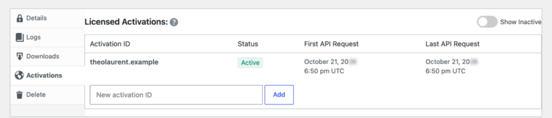 edd-license-activations – Easy Digital Downloads O painel Ativações de Licença mostrando uma ativação: ID theolaurent.example, Status Ativo, com os horários da primeira e última solicitação de API exibidos, e um menu de navegação lateral.