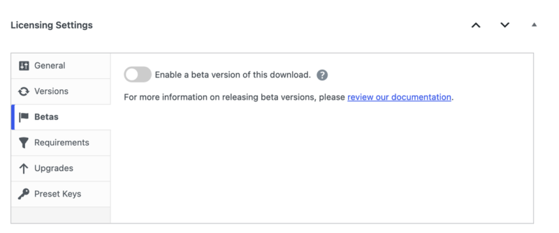 edd-licensing-settings-betas – Easy Digital Downloads A seção Betas com o alternador para ativar uma versão beta do produto