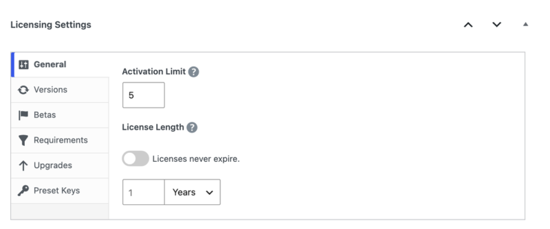 edd-licensing-settings-general – Easy Digital Downloads A seção Geral das Configurações de Licenciamento com um Limite de Ativação de 5 e um Comprimento da Licença de 1 ano