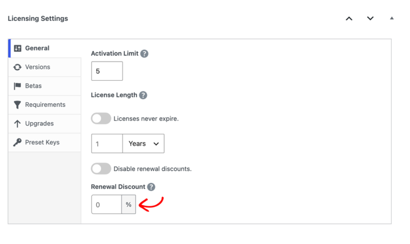 edd-licensing-settings-general-renewal-discount – Easy Digital Downloads Painel de Configurações de Licenciamento mostrando Limite de Ativação definido como 5 e Desconto de Renovação em 0%.