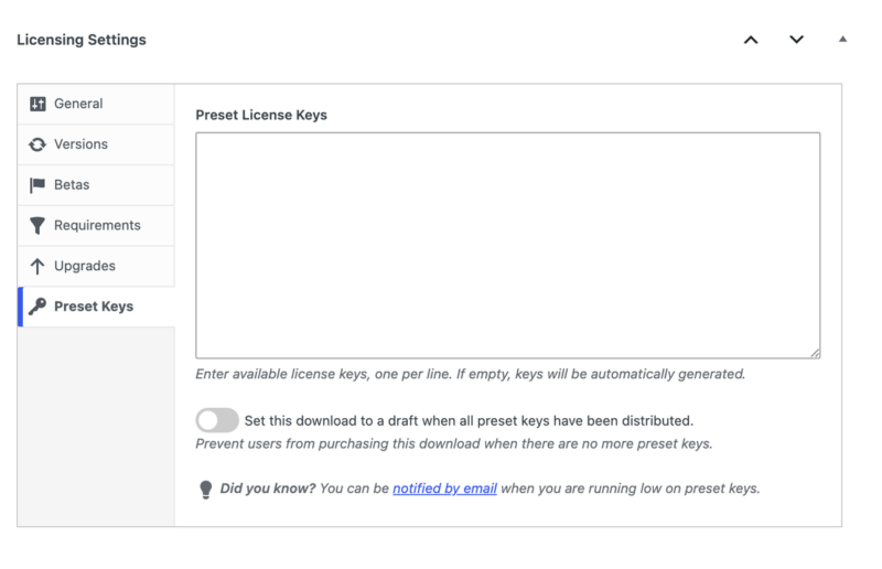 edd-licensing-settings-preset-keys – Easy Digital Downloads A seção Chaves Predefinidas com a caixa Chaves de Licença Predefinidas e as opções para bloquear compras ou definir o download como rascunho quando as chaves acabarem