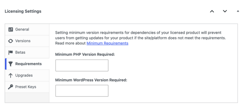 edd-licensing-settings-requirements – Easy Digital Downloads A seção Requisitos com campos para as versões mínimas que um site precisa para obter atualizações