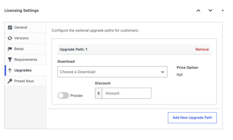 edd-licensing-settings-upgrades – Easy Digital Downloads A seção Upgrades com um caminho de upgrade mostrando os campos Download, Opção de Preço, Rateio e Desconto