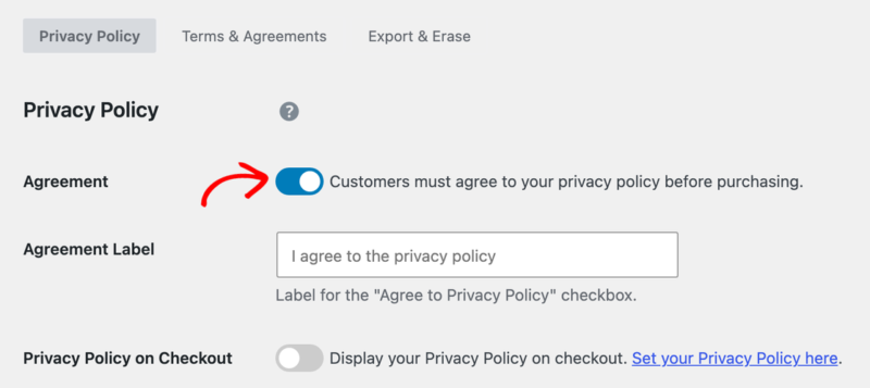 edd-privacy-policy-agreement – Easy Digital Downloads Der Abschnitt Datenschutzrichtlinie des Tabs Richtlinien mit aktiviertem Schalter für Vereinbarung und dem Feld Beschriftung der Vereinbarung darunter