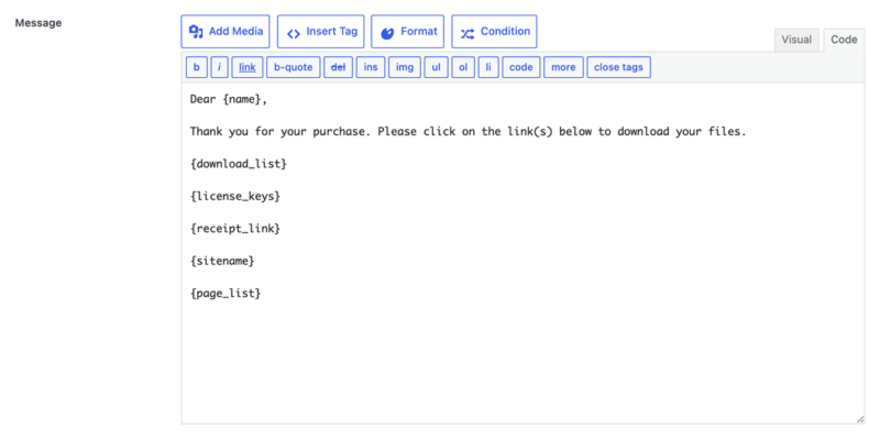 edd-purchase-receipt-license-keys-tag-added – Easy Digital Downloads A mensagem Recibo de Compra com a tag license_keys adicionada abaixo da tag download_list