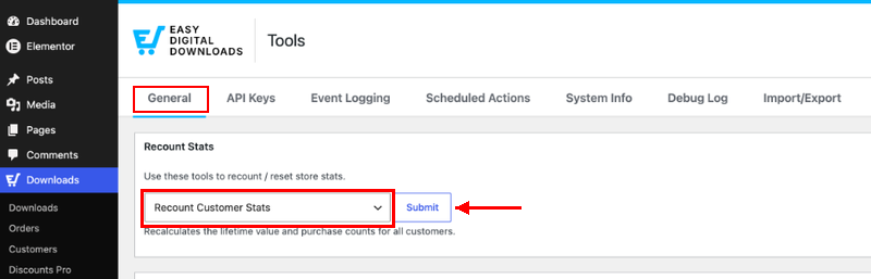 EDD Recount Stats-dropdown op het tabblad Tools General