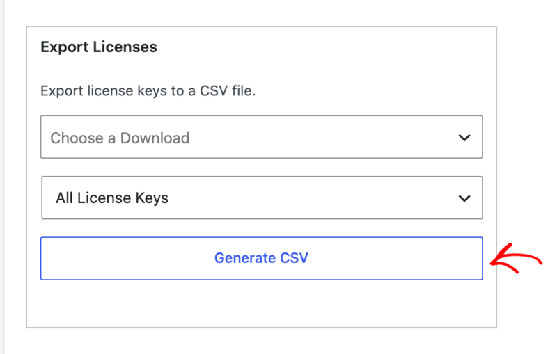 edd-reports-export-licenses – Easy Digital Downloads A caixa Exportar Licenças com os menus suspensos de produto e status e o botão Gerar CSV