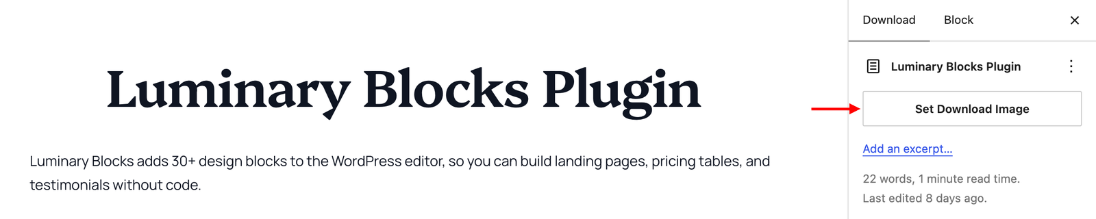 Cabeçalho grande da página diz 'Luminary Blocks Plugin' com um breve parágrafo sobre blocos de design; um painel lateral direito mostra um botão 'Definir Imagem de Download'.