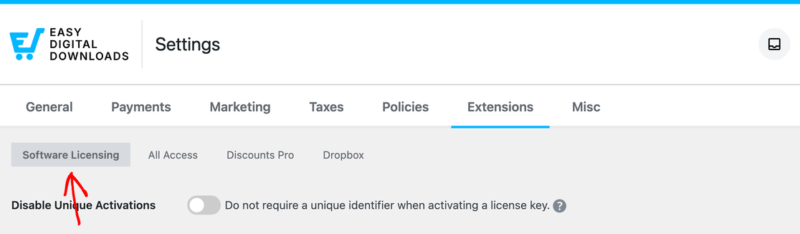 edd-settings-extensions-software-licensing – Easy Digital Downloads A tela de Configurações do Easy Digital Downloads com a aba Extensões aberta e a seção Software Licensing selecionada
