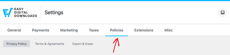 edd-settings-policies-tab – Easy Digital Downloads Der Bildschirm Einstellungen von Easy Digital Downloads mit ausgewähltem Tab Richtlinien, der die Abschnitte Datenschutzrichtlinie, AGB und Vereinbarungen sowie Exportieren und Löschen anzeigt