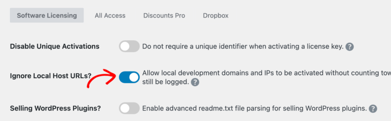 edd-software-licensing-activation-settings – Easy Digital Downloads As configurações Desativar Ativações Únicas, Ignorar URLs de Host Local e Vender Plugins do WordPress, com Ignorar URLs de Host Local ativado.
