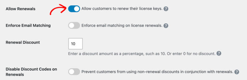 edd-software-licensing-renewal-settings – Easy Digital Downloads As configurações de renovação com Permitir Renovações ativado e um Desconto de Renovação de 10 por cento.
