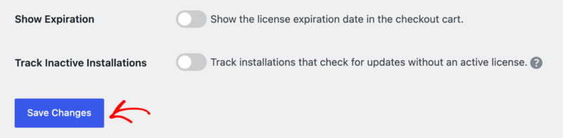edd-software-licensing-save-settings – Easy Digital Downloads As configurações Exibir Expiração e Rastrear Instalações Inativas acima do botão Salvar Alterações