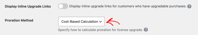 edd-software-licensing-upgrade-settings – Easy Digital Downloads A configuração Exibir Links de Upgrade Inline e o menu suspenso Método de Rateio definido como Cálculo Baseado em Custo.
