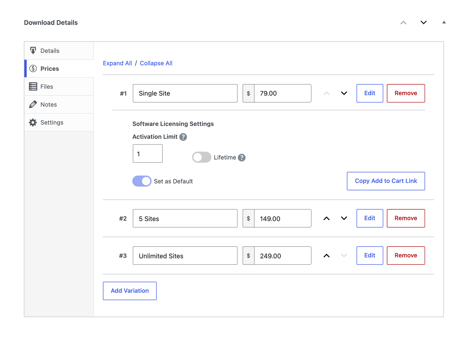 Painel de configurações de preços em Detalhes do Download: três níveis (Site Único, 5 Sites, Sites Ilimitados) com botões de editar/remover e um botão Copiar Link para Adicionar ao Carrinho; a navegação esquerda mostra Detalhes, Preços, Arquivos, Notas, Configurações.