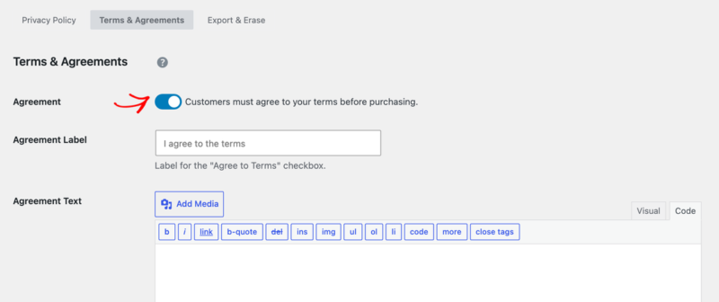 edd-terms-and-agreements – Easy Digital Downloads Der Abschnitt AGB und Vereinbarungen mit aktiviertem Schalter für Vereinbarung und den Feldern Beschriftung der Vereinbarung und Text der Vereinbarung darunter.
