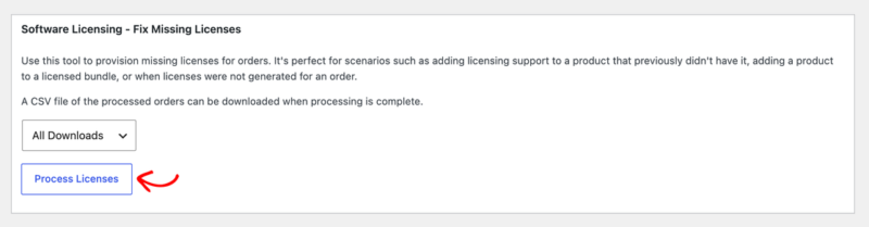 edd-tools-fix-missing-licenses – Easy Digital Downloads A ferramenta Corrigir Licenças Ausentes de Software de Licenciamento com o menu suspenso de produto e o botão Processar Licenças