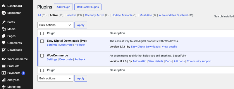 Easy Digital Downloads en WooCommerce beide actief op het scherm Plugins