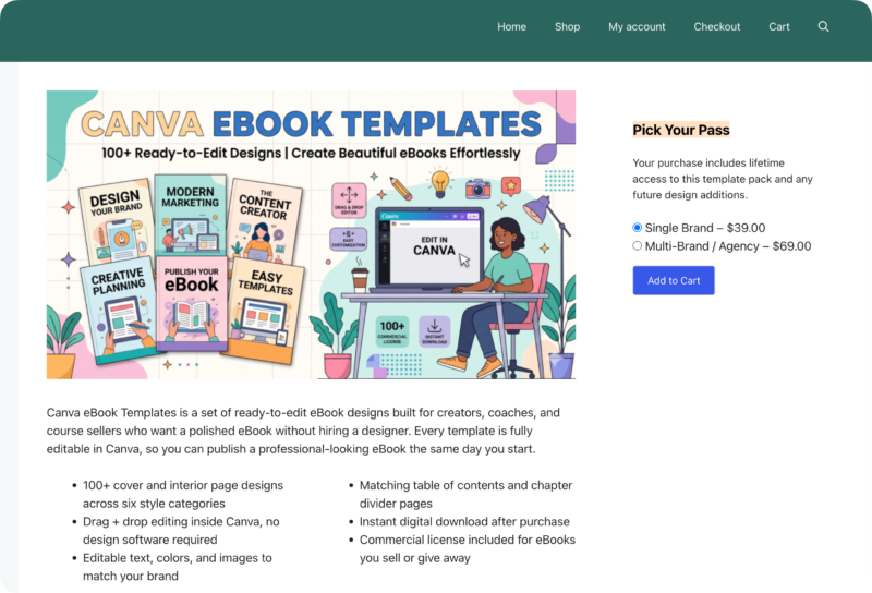 popular-digital-products-canva-templates 1 – Easy Digital Downloads Digital product store selling Canva templates for ebooks.