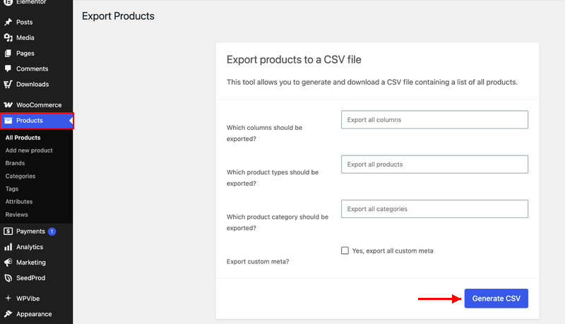 WooCommerce Export Products-scherm met de knop Generate CSV