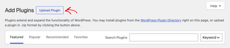 プラグインのアップロード（WordPress）用の強調表示された青い「プラグインのアップロード」ボタンが付いたプラグイン追加ページヘッダー。