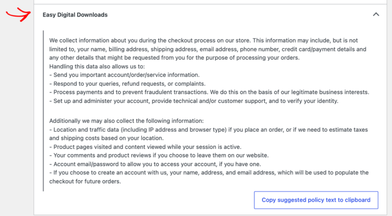 wordpress-policy-guide-edd-text – Easy Digital Downloads Der WordPress-Richtlinienleitfaden mit dem erweiterten Abschnitt Easy Digital Downloads, um seinen vorgeschlagenen Datenschutztext und die Schaltfläche Kopieren anzuzeigen.