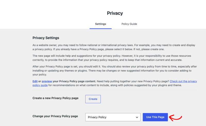 wordpress-privacy-settings-page – Easy Digital Downloads Der WordPress-Datenschutzeinstellungen-Bildschirm mit dem Dropdown-Menü Ihre Datenschutzseite ändern und der Schaltfläche Diese Seite verwenden.