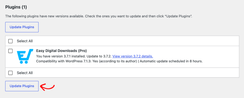 WordPress管理プラグインページ：Easy Digital Downloads Proのアップデートが1つ利用可能で、プラグインのアップデートボタンとアップデート詳細が画面に表示されています。