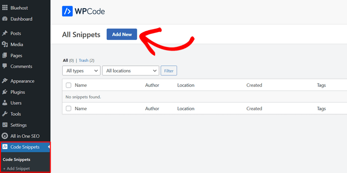 Adicionar novo trecho de código personalizado – Easy Digital Downloads Clique em 'Adicionar Novo' no WPCode para criar um novo trecho personalizado